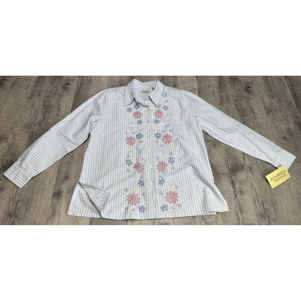 NEW Floral Embroidered Shirt Womens Medium Striped Button Up Long Sleeve 90s